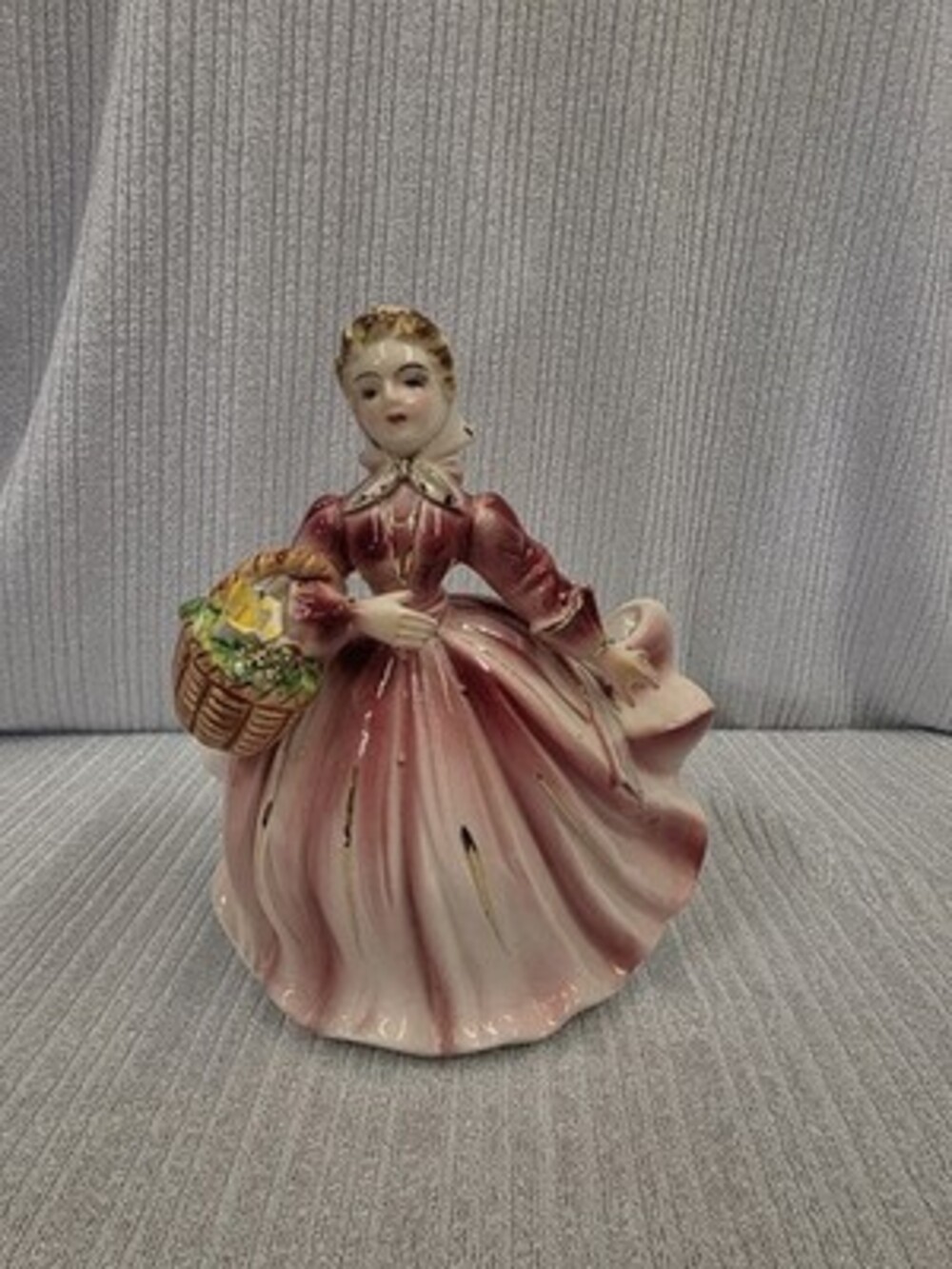 Vintage 1950's Ceramic Girl Figurine Basket Planter Vase, Glossy Pink Dress 6in